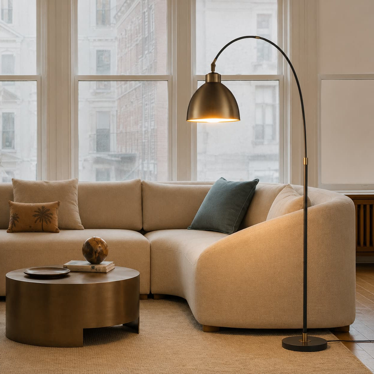 A modern curved beige sectional sofa in a bright living room, styled with a black floor lamp, a round metallic coffee table, and neutral throw pillows.