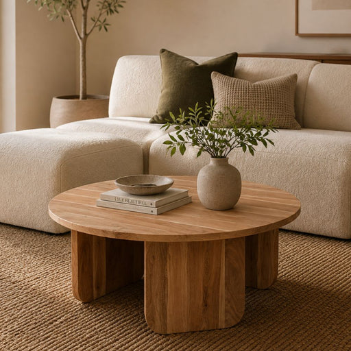 A round wooden coffee table in a warm natural finish, styled in a cozy living room setting with a cream bouclé sofa, decorative pillows, a small vase with greenery, and stacked books on top - Lighting.co.za