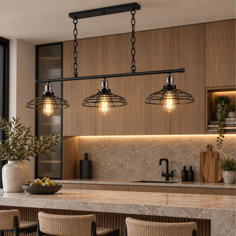 Trio Grid Black 3 Light Bar Pendant Light