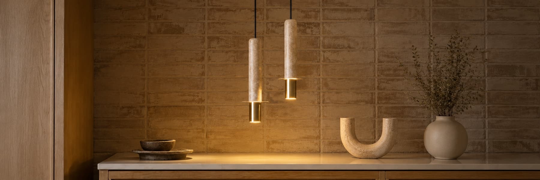 Two modern pendant lights with cylindrical white stone or concrete shades and brushed gold metal accents, hanging over a console table in a warm, wood-paneled room. Types of Lighting Buying Guide - Lighting.co.za