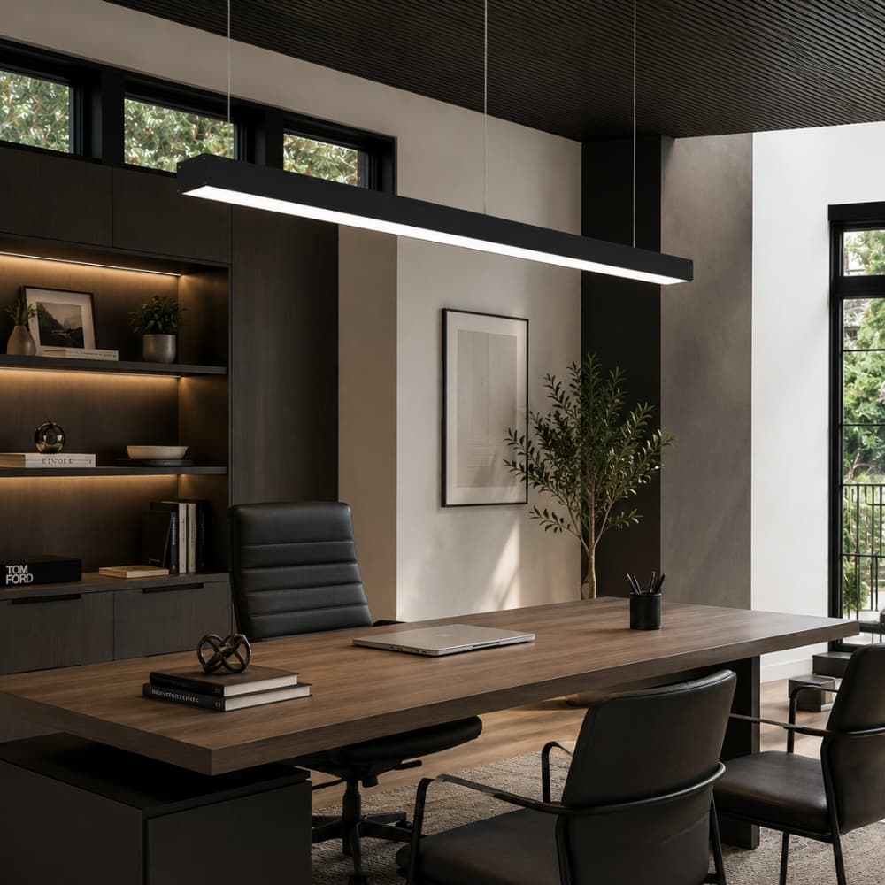 Modern office interior with a long wooden desk, chairs, and decorative elements. Slim Black Led Pendant hanging over office desk - Lighting.co.za
