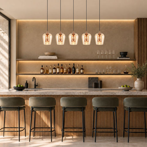 Wizard 5 Light Amber Glass and Golden Linear LED Pendant Light - Pendant Light - Lighting.co.za