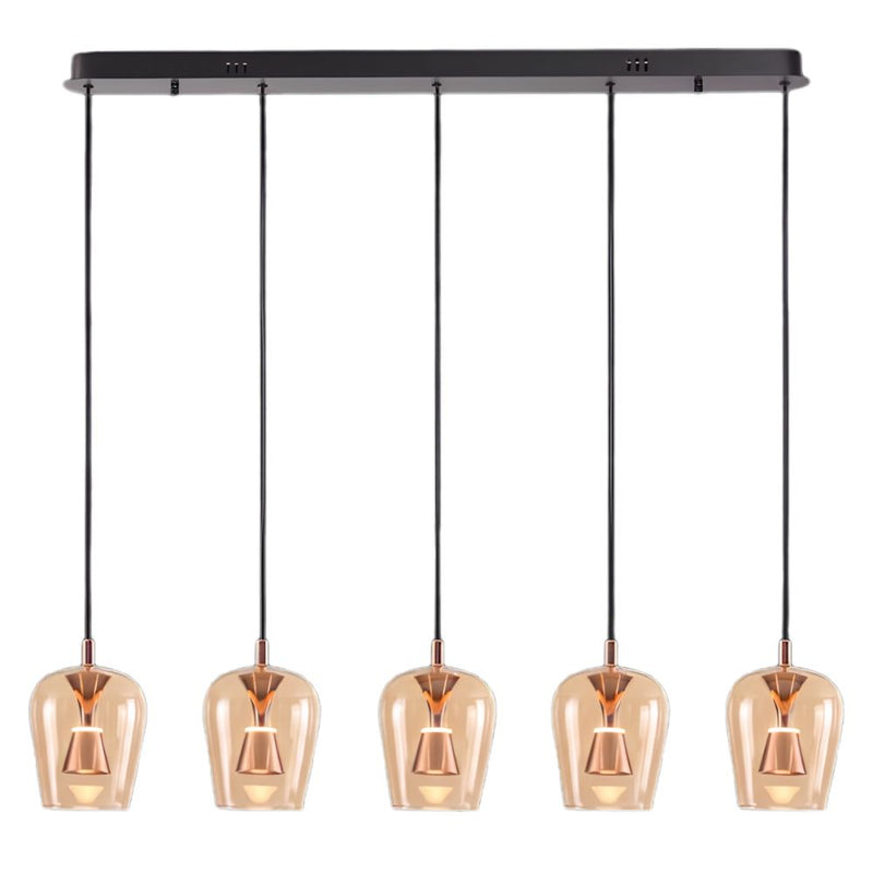 Wizard 5 Light Amber Glass and Golden Linear LED Pendant Light