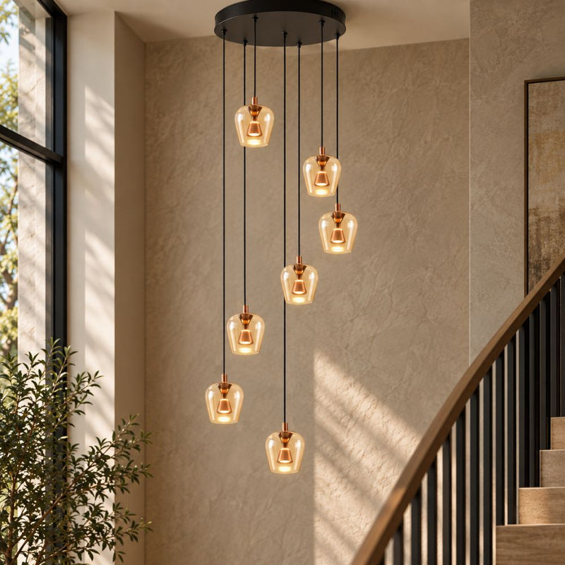 Wizard 7 Light Amber Glass and Golden Cluster LED Pendant Light