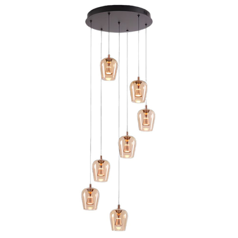 Wizard 7 Light Amber Glass and Golden Cluster LED Pendant Light