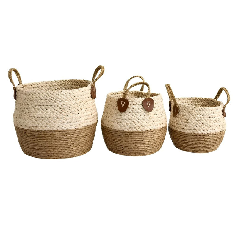 Woven Storage Basket Set of 3 with Handles – Natural Two-Tone