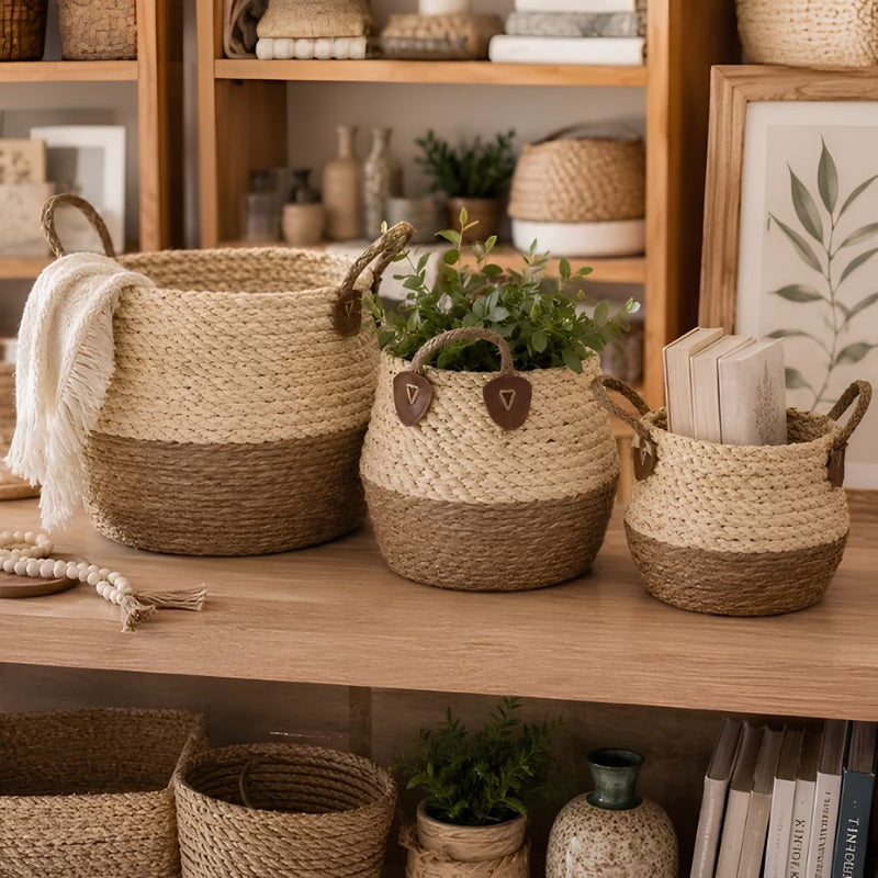 Woven Storage Basket Set of 3 with Handles – Natural Two-Tone