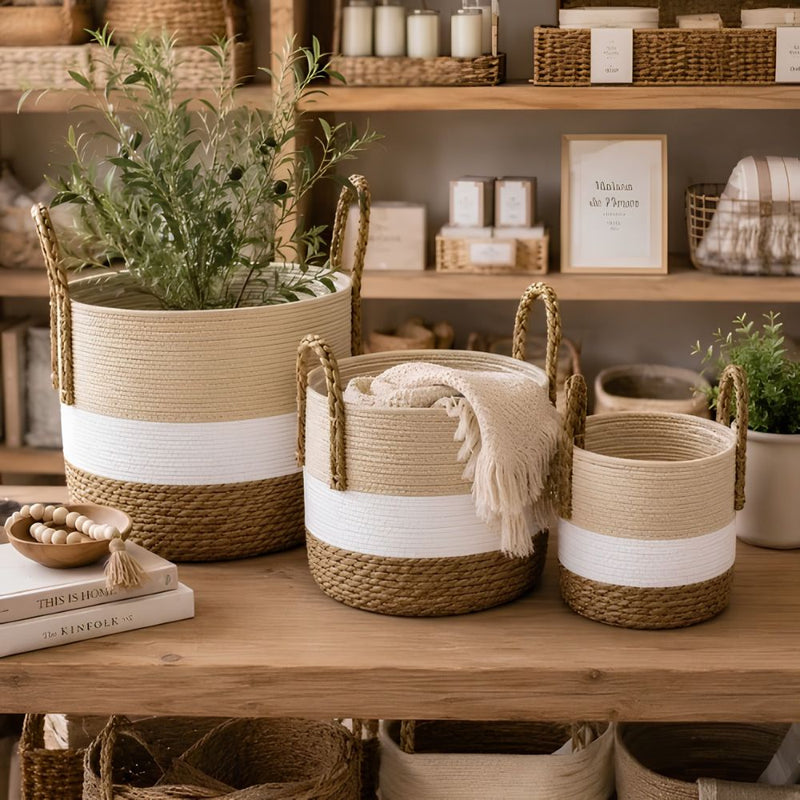 Woven Storage Basket Set of 3 – Natural, White and Brown