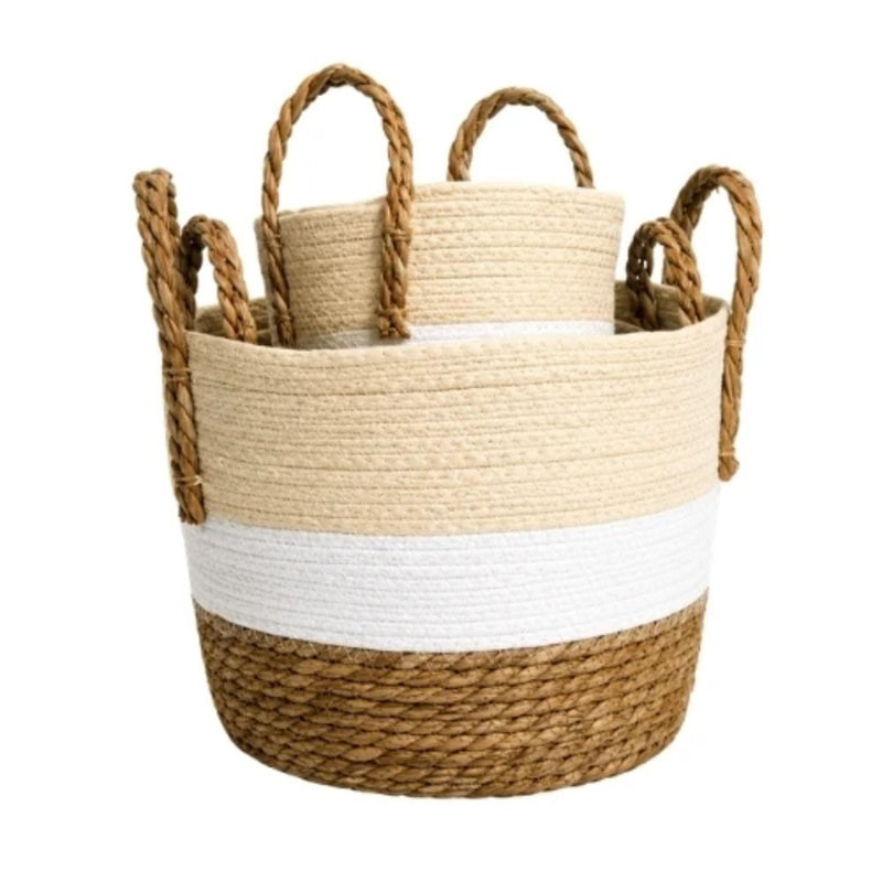 Woven Storage Basket Set of 3 – Natural, White and Brown