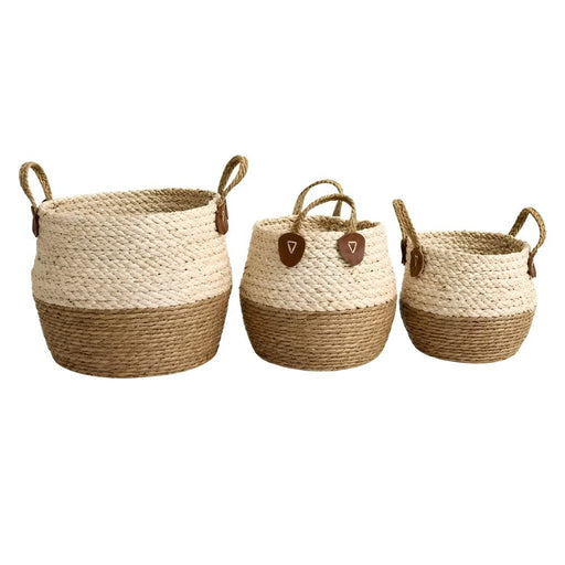 Woven Storage Basket Set of 3 with Handles – Natural Two-Tone - Storage Baskets - Lighting.co.za