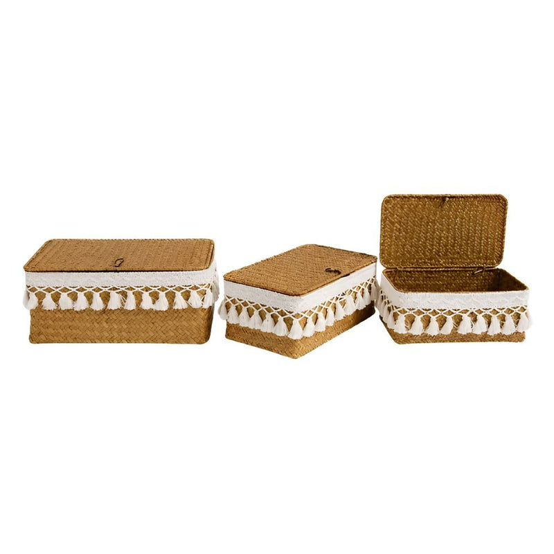Woven Storage Basket Set with Lid and Tassel Trim - Set of 3