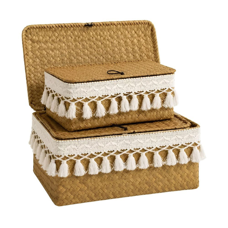Woven Storage Basket Set with Lid and Tassel Trim - Set of 3