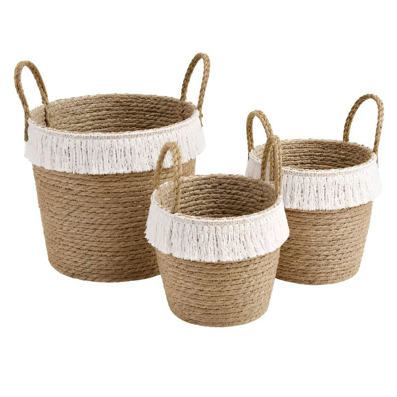 Woven Storage Basket with White Fringe - Set of 3
