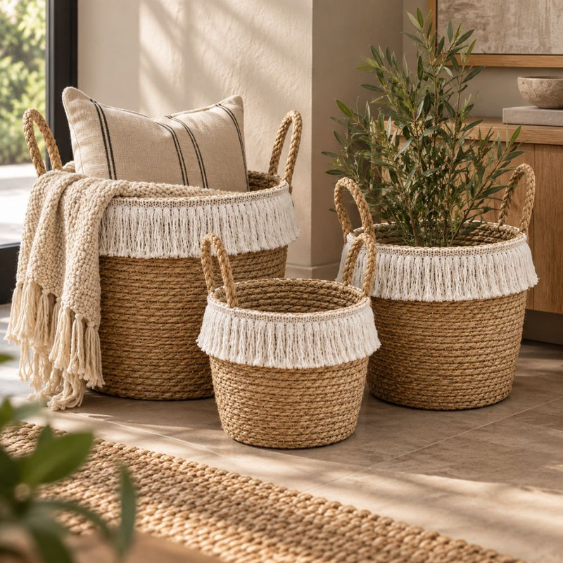 Woven Storage Basket with White Fringe - Set of 3