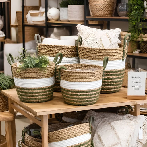 Woven Basket Set - Olive and White Stripes - Set of 3 - Storage Baskets - Lighting.co.za