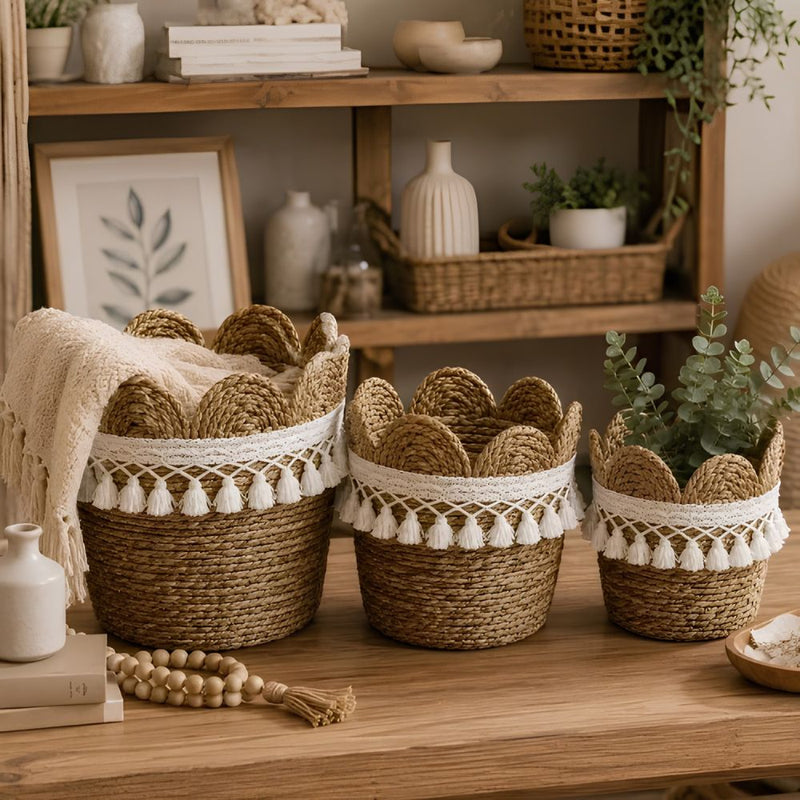 Woven Basket with Scalloped Edge and Tassel Trim - Set of 3