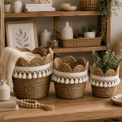 Woven Basket with Scalloped Edge and Tassel Trim - Set of 3 - Storage Baskets - Lighting.co.za