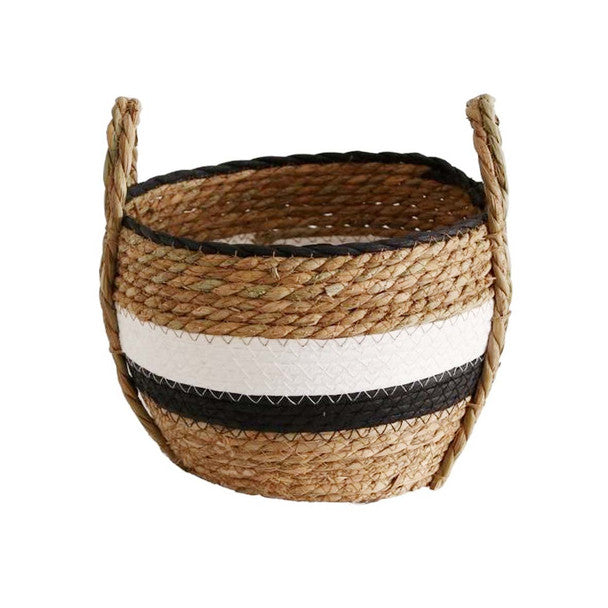 Tutsi Natural and Black White Stripe Short Woven Storage Baskets Set of 3 - Lighting.co.za