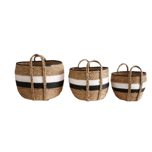 Tutsi Natural and Black White Stripe Short Woven Storage Baskets Set of 3 - Lighting.co.za