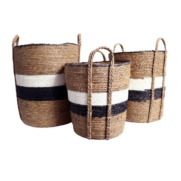 Tonga Natural and Black White Stripe Woven Storage Baskets Set of