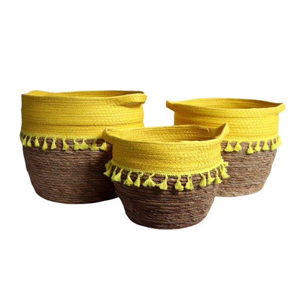 Nomo Natural and Yellow Tassel Woven Storage Baskets Set of 3 - Lighting.co.za