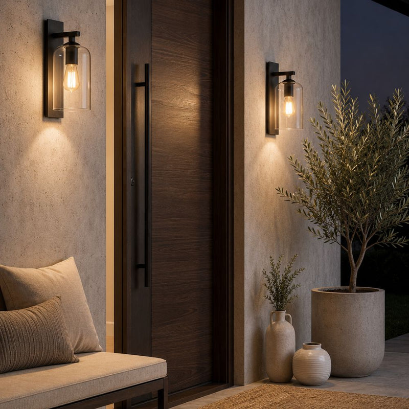 Zia Black and Clear Glass Down Facing Lantern Outdoor Wall Light