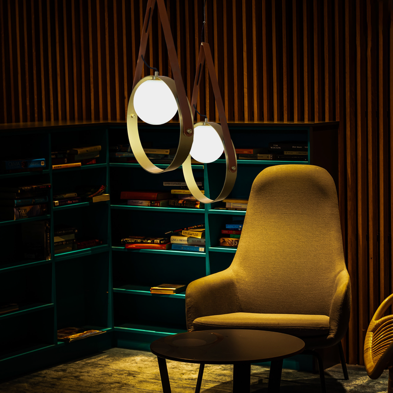 Eclipse Leather Brass and Opal Glass Pendant Light 2 Sizes - Lighting.co.za