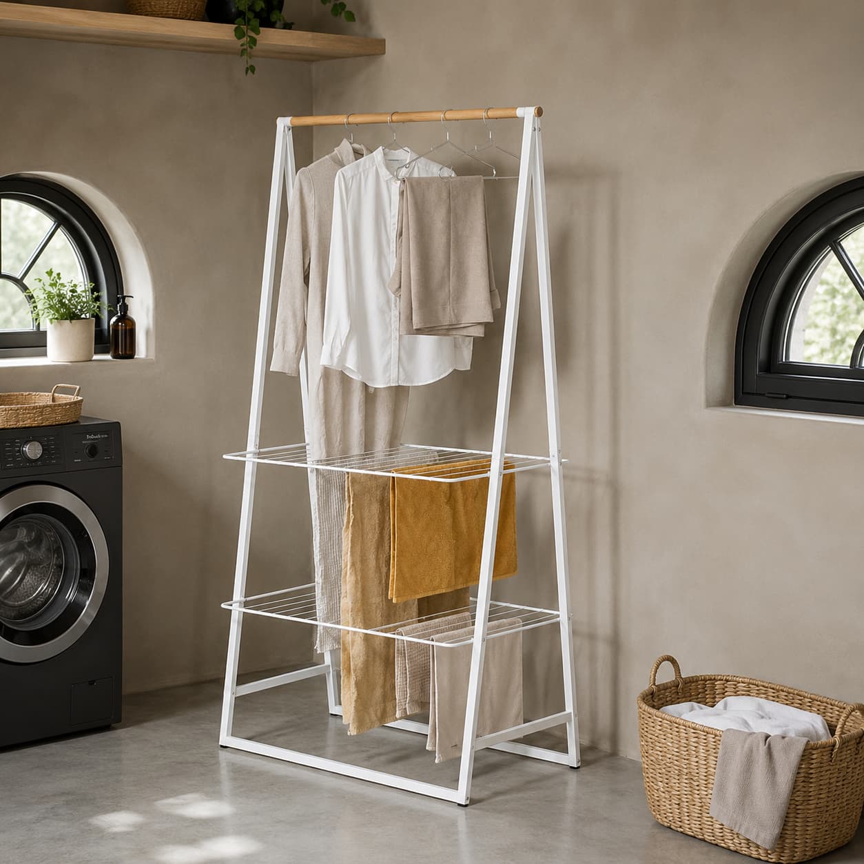Drying rack and laundry basket styled in a bright laundry room