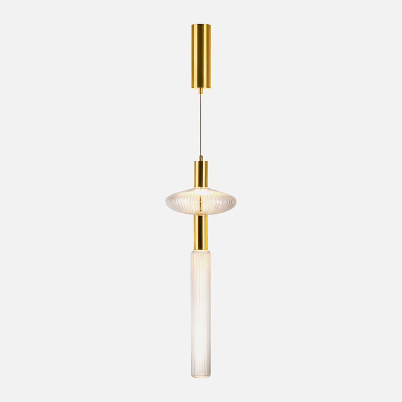 Nova Clear Ribbed Glass and Gold Tall LED Pendant Light - Lighting.co.za