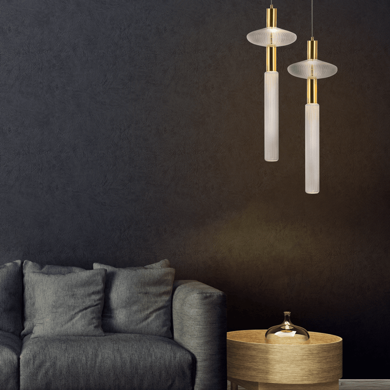 Nova Clear Ribbed Glass and Gold Tall LED Pendant Light - Lighting.co.za