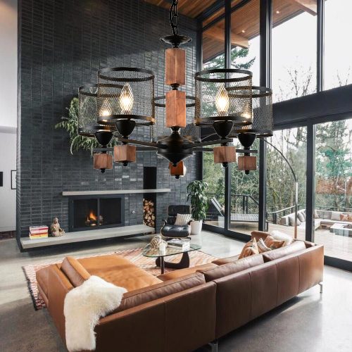 Corda Wood and Black Metal Mesh Shade Chandelier - Lighting.co.za