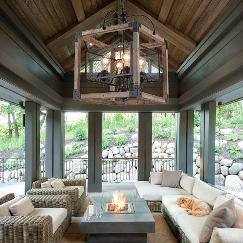 Hamal Square Wood and Black Mesh Chandelier - Lighting.co.za