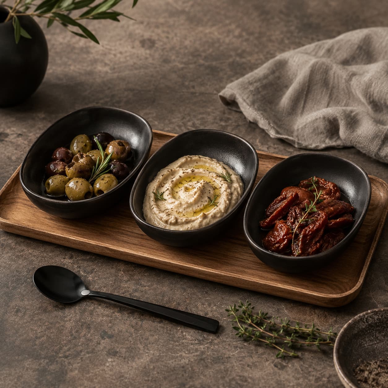 Serving platter and trays presenting food for a dinner party