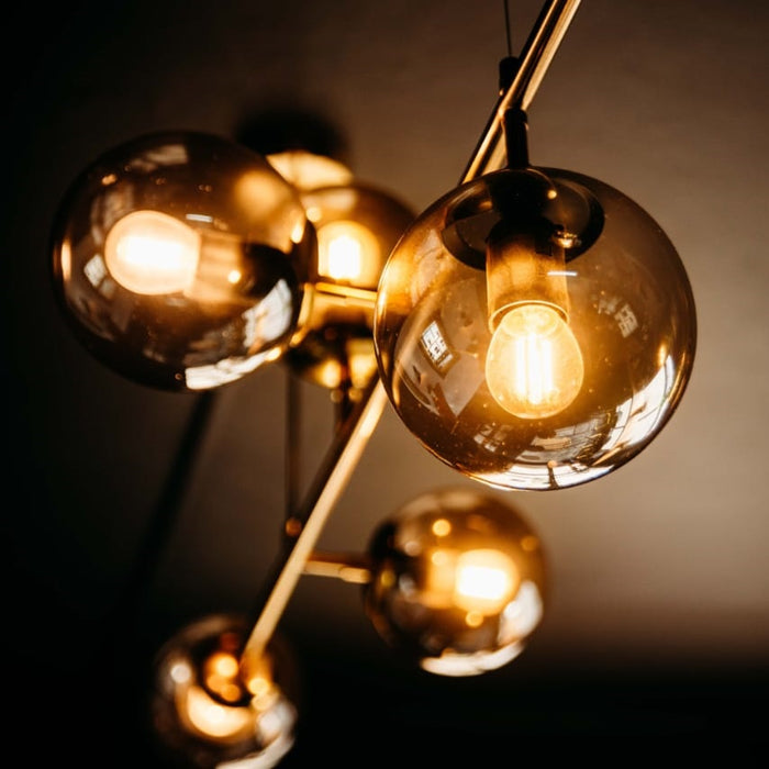 Sphere And Stem Brass And Smoke Glass 6L Pendant Light - Lighting.co.za