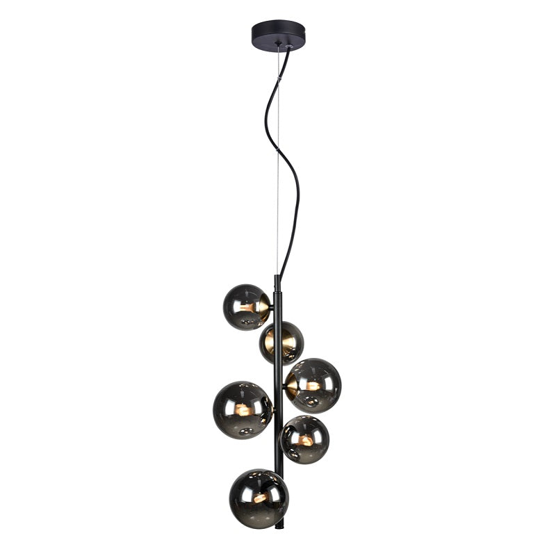 Bubble Vertical 6 Light Sphere And Stem Black And Smoke Glass Pendant Light - Lighting.co.za