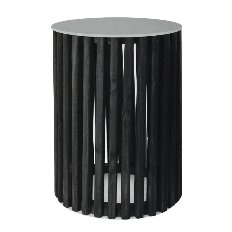 Cassia Round Black Pin Oak Slatted Side Table and Stone Top 2 Sizes - Lighting.co.za