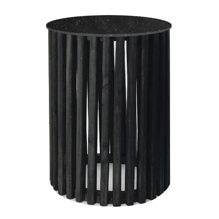 Cassia Round Black Pin Oak Slatted Side Table and Stone Top 2 Sizes - Lighting.co.za