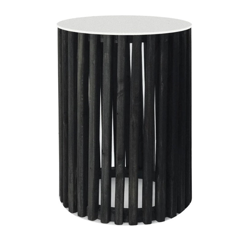 Cassia Round Black Pin Oak Slatted Side Table and Stone Top 2 Sizes - Lighting.co.za
