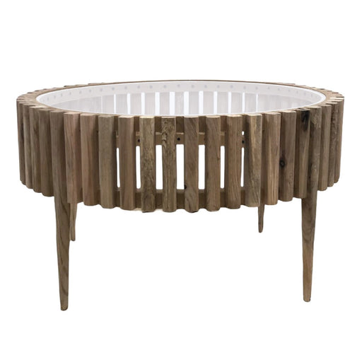 Jamala Round Natural Pin Oak Slatted Coffee Table with Clear Glass - Lighting.co.za
