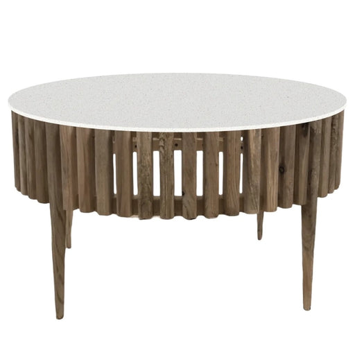 Jamala Round Natural Pin Oak Slatted Coffee Table with Stone Top - Lighting.co.za