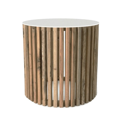 Sinyati Round Natural Pin Oak Slatted Side Table and Stone Top 2 Sizes - Lighting.co.za