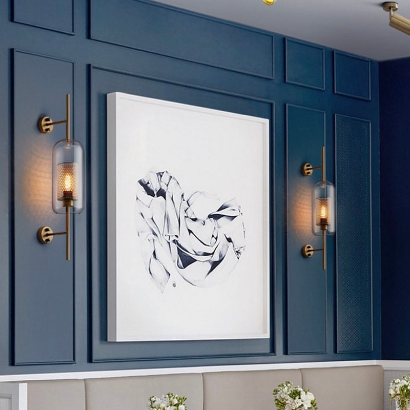 New York Tall Black Or Gold Metal Mesh And Glass Wall Light - Lighting.co.za