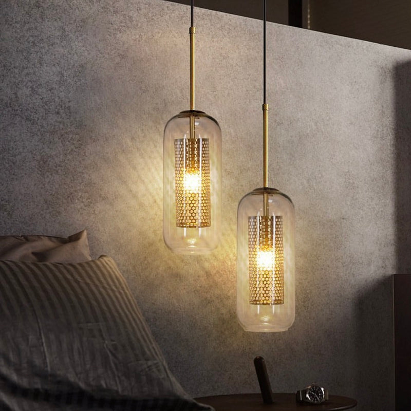 New York Tall Black Or Gold Metal Mesh And Glass Pendant Light - Lighting.co.za
