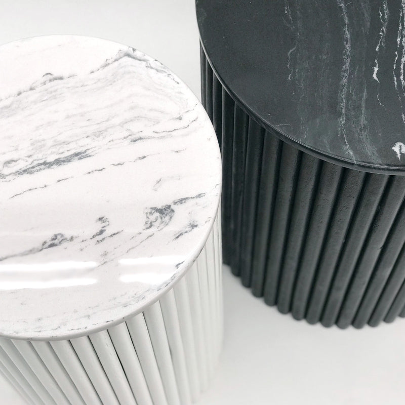 Vusi Cloud Round Slatted Side Table with Stone Top 2 Sizes - Lighting.co.za