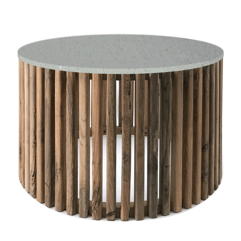 Sinyati Round Natural Pin Oak Slatted Coffee Table with Stone Top - Lighting.co.za