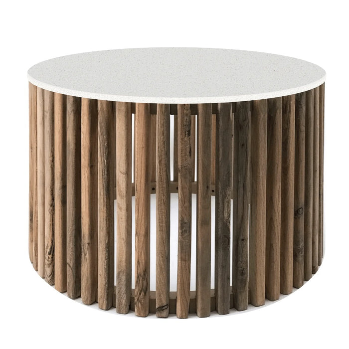 Sinyati Round Natural Pin Oak Slatted Coffee Table with Stone Top - Lighting.co.za