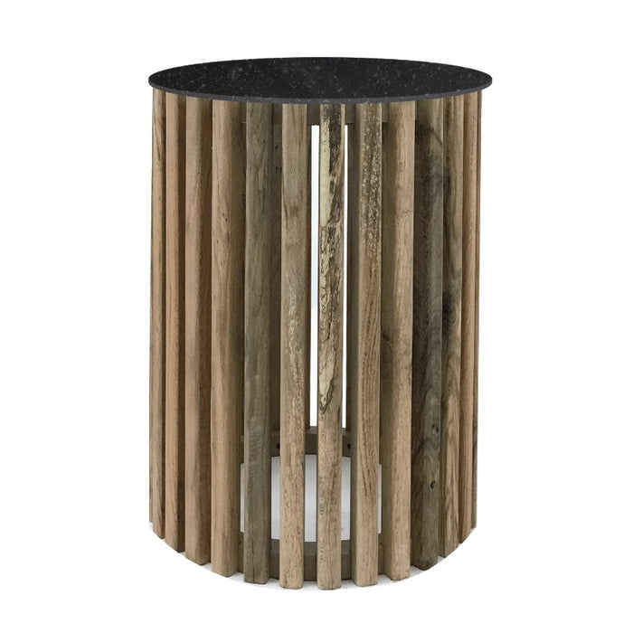 Sinyati Round Natural Pin Oak Slatted Side Table and Stone Top 2 Sizes - Lighting.co.za