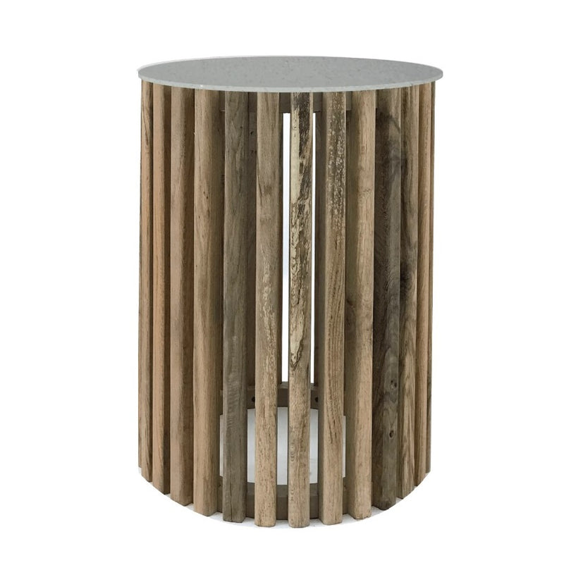 Sinyati Round Natural Pin Oak Slatted Side Table and Stone Top 2 Sizes - Lighting.co.za