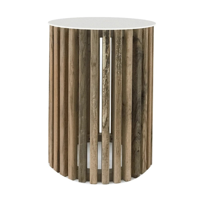 Sinyati Round Natural Pin Oak Slatted Side Table and Stone Top 2 Sizes - Lighting.co.za