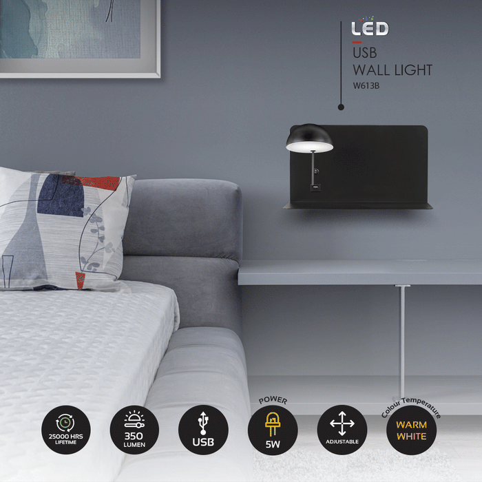 Nordic Long  Black | White LED Bedside Reading Wall Light with USB Port - Lighting.co.za